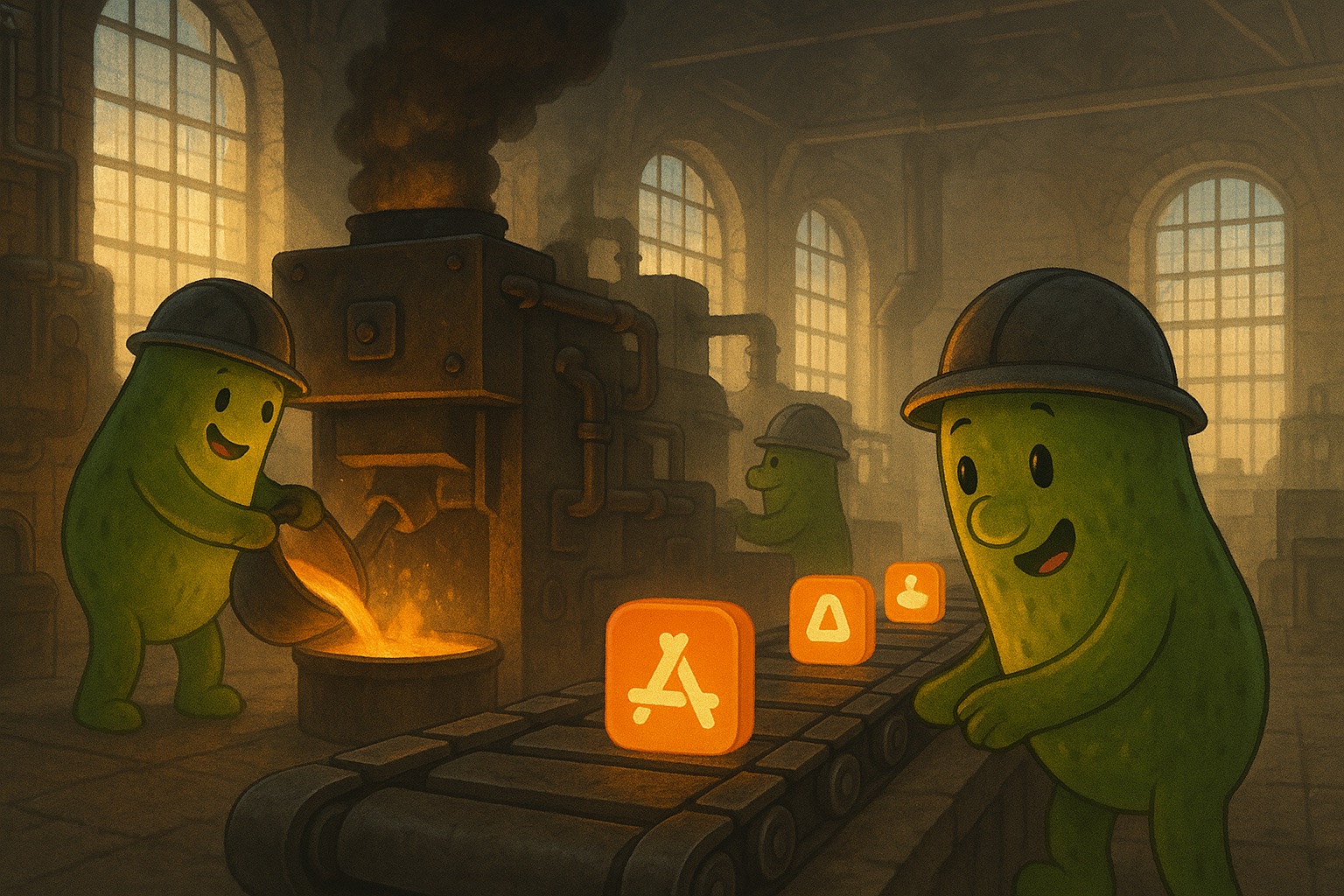 Anthropomorphic pickles in a moody industrial foundry forging glowing app icons